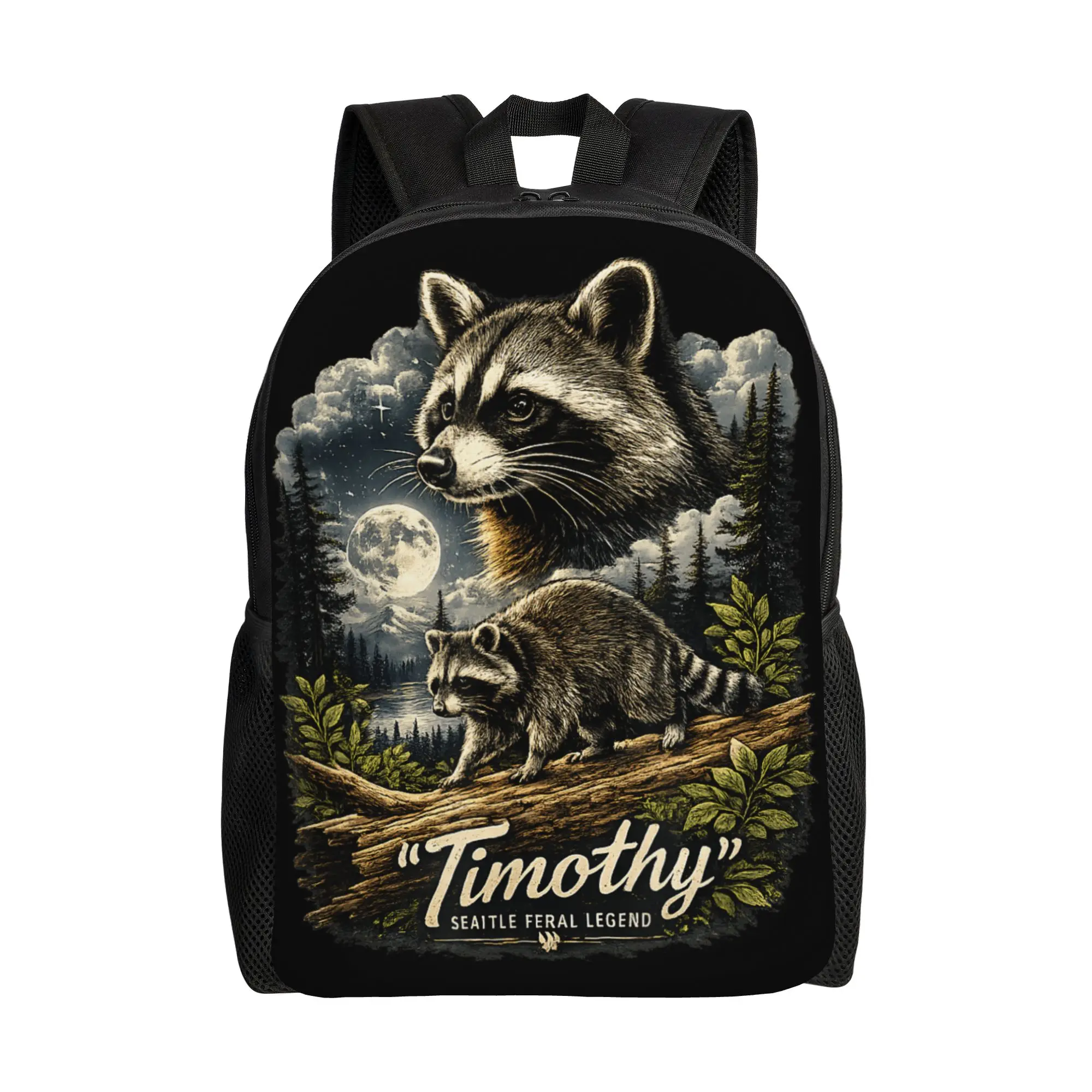 Timothy Seattle Feral Legend Raccoon Moon Forest Backpack Women Men  Big Backpacks Polyester Kawaii High School Bags
