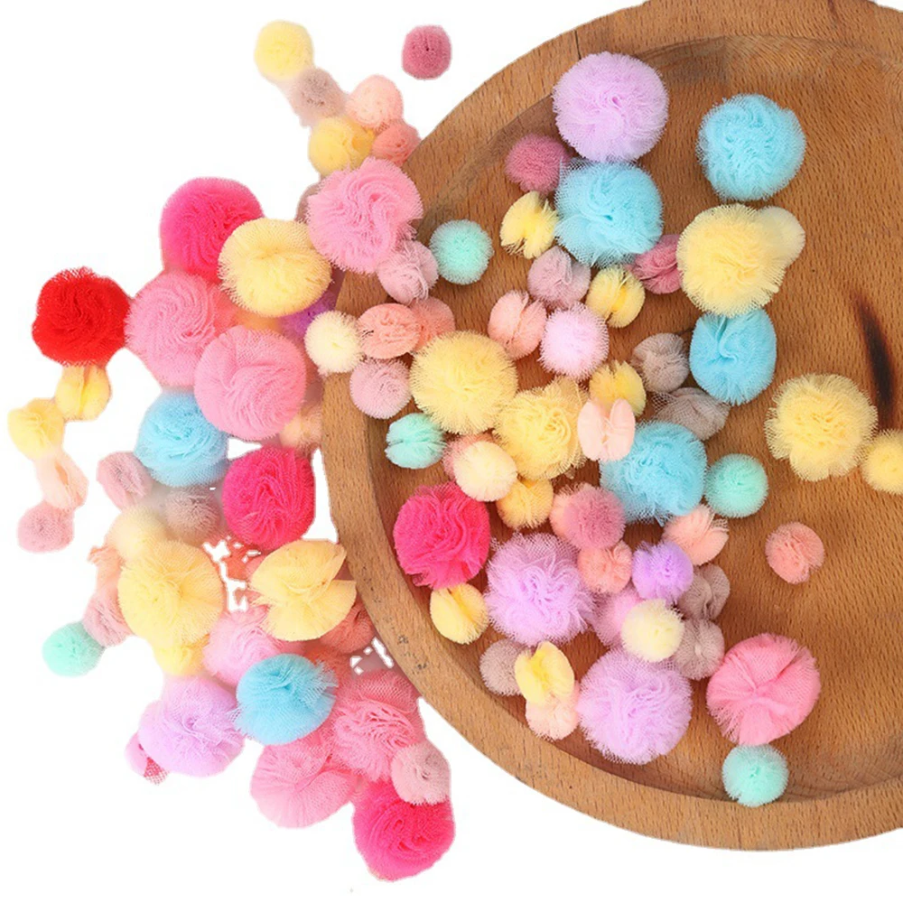 30/80PCS 1.2-2.3cm Korean Version Elastic Mesh Ball Flower Ball Lace Mesh Fluffy Soft Pompom Balls Handmade Kids Toys Wedding