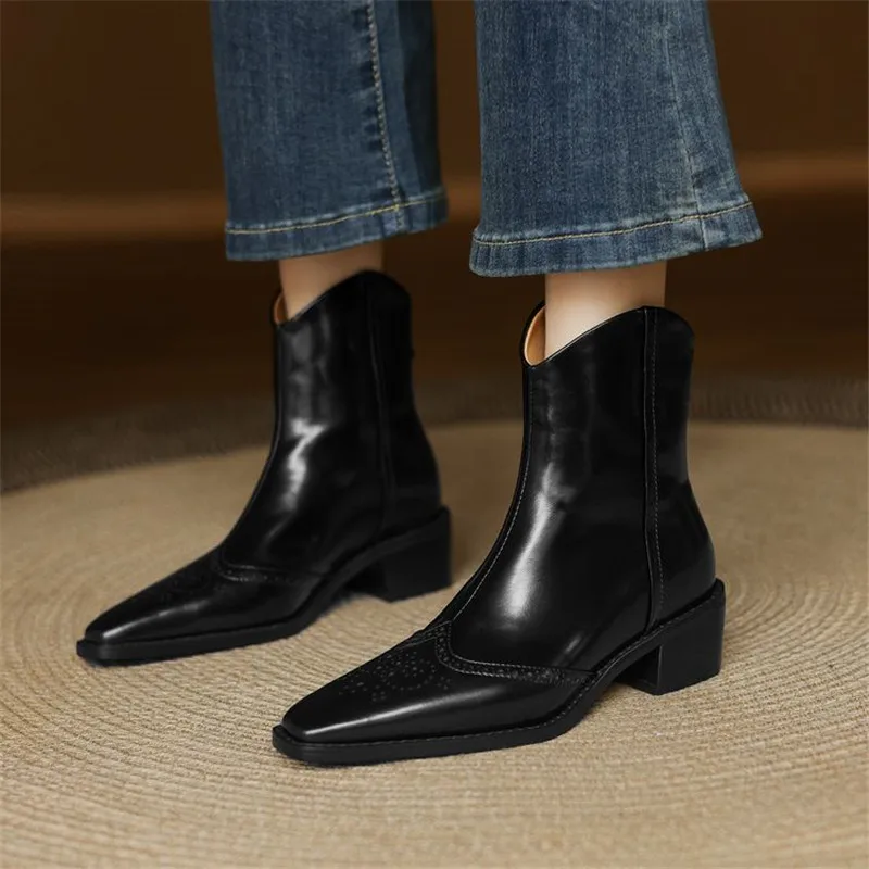 New Autumn Winter Split Leather Women Boot Shoes for Women Square Toe Fashion Brogue Designs Short Boots Handmade Western Boots