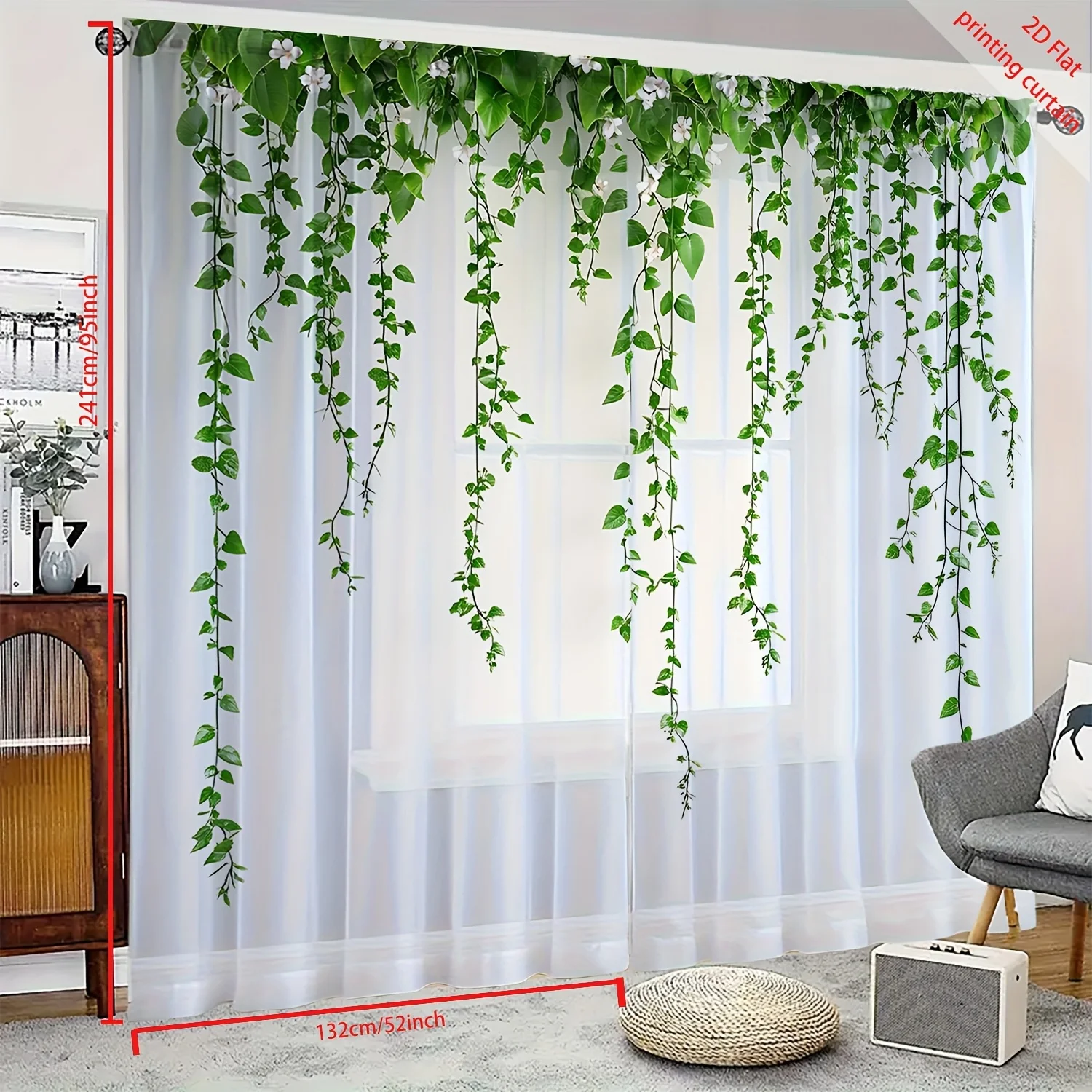 2 pieces of green curtains, green leaves, vine patterns, window screens, home decoration style, living room, bedroom decoration