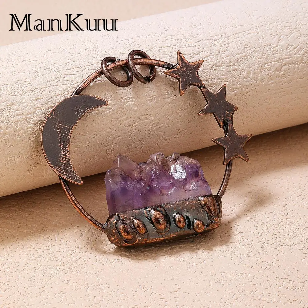 

Mankuu Antique Bronze Plated Rectangular Irregular Natural Amethyst Star Moon Healing Crystal Pendant Charms Necklace Women