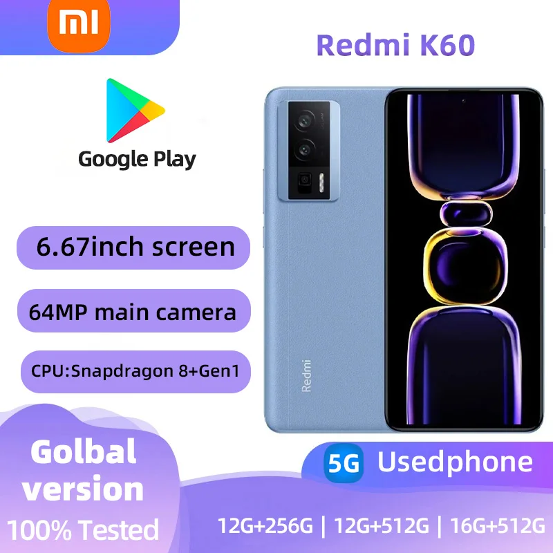 Xiaomi Redmi K60 5G Android RAM 12GB ROM 256GB Smartphone Snapdragon 8+ 6.67inch 5500mAh 67W Charger used phone