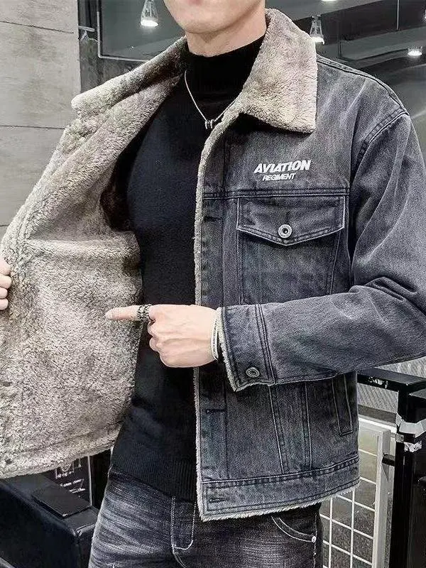 

Мужская джинсовая куртка Thiened Fce на подкладке, ветрозащитная теплая зимняя свободная посадка большого размера, повседневная модная верхняя одежда, пальто