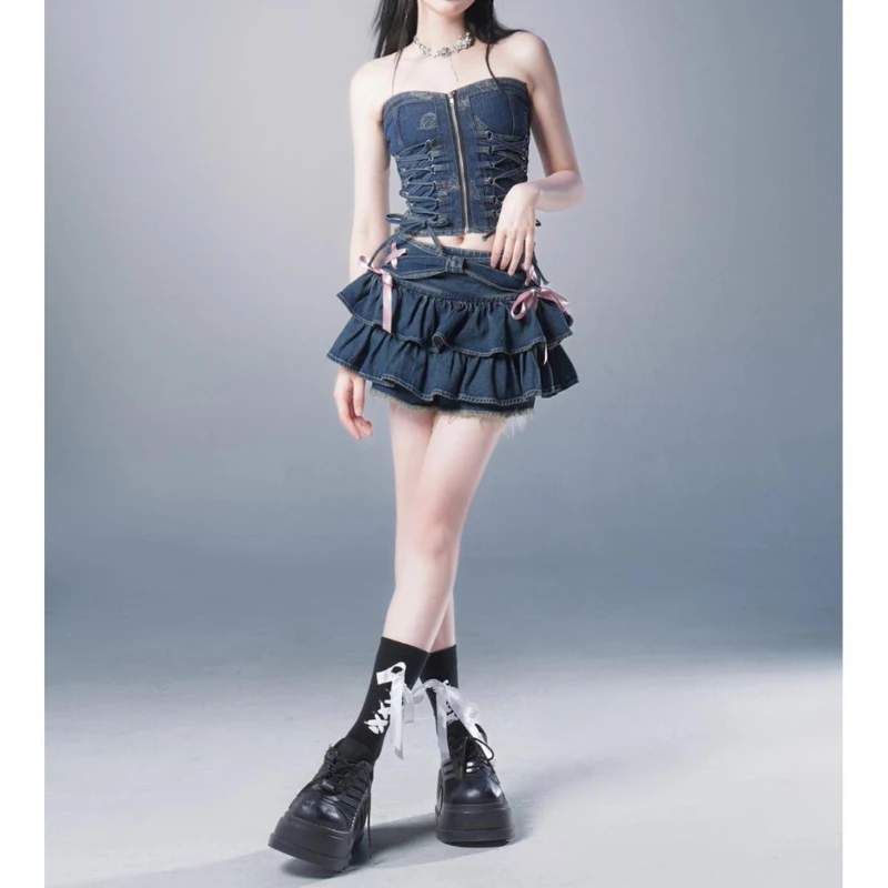 

Кукла для девочек, синяя джинсовая плиссированная юбка трапециевидной формы, утягивающая короткая юбка, дизайнерская юбка до половины тела, брюки, пышная юбка