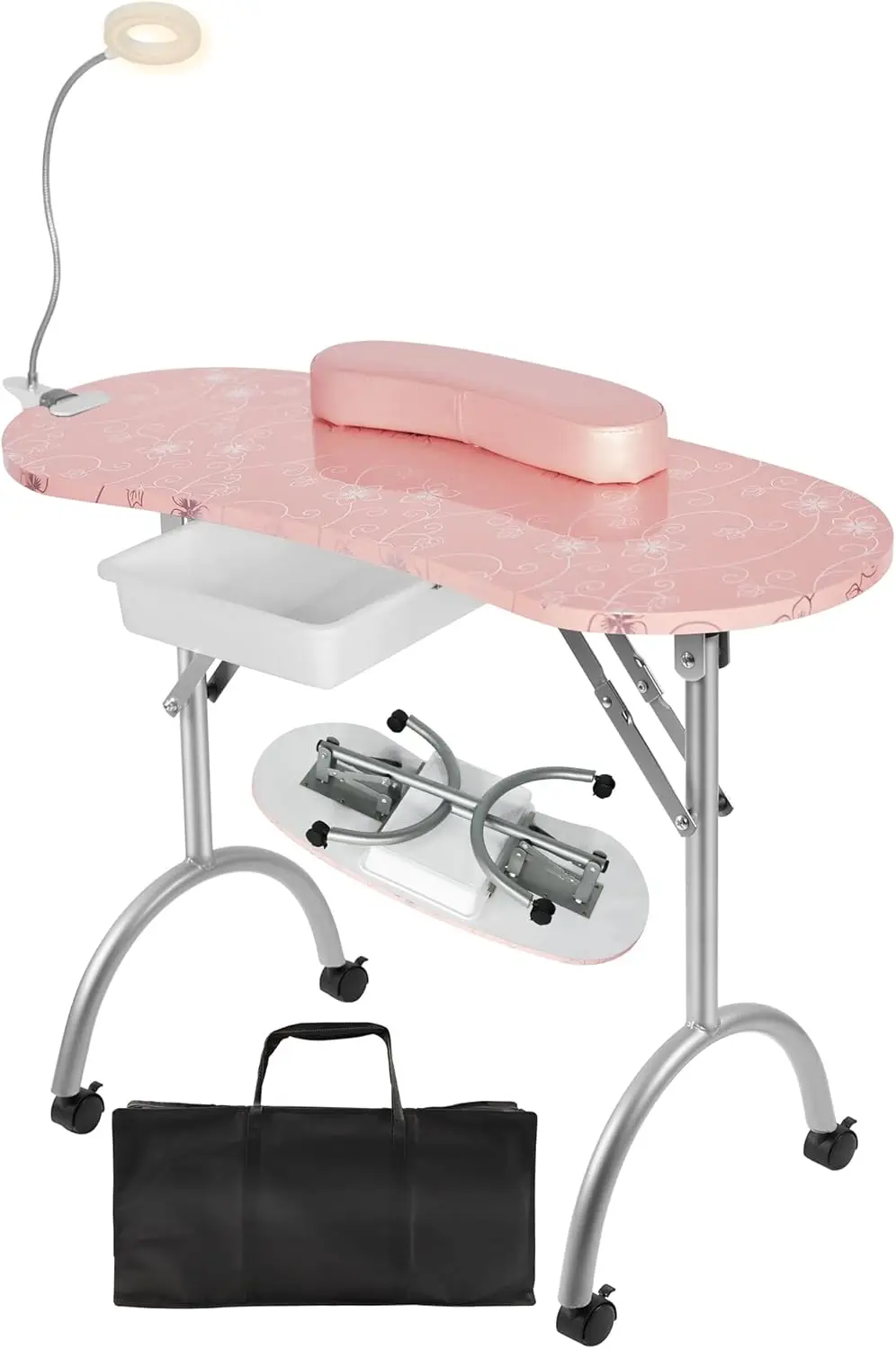 Foldable Manicure Table with Drawer, LED Lamp, 4 Lockable Wheels and Carry Bag, Professional Nail Desk with Wrist Cushion (Pink,