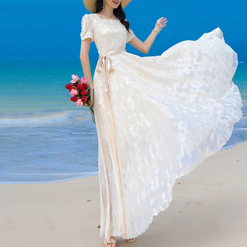 White Chiffon Dress Women's New Fashion Summer Long Style Great Fairy Temperament Seaside Resort Beach Dress E5120