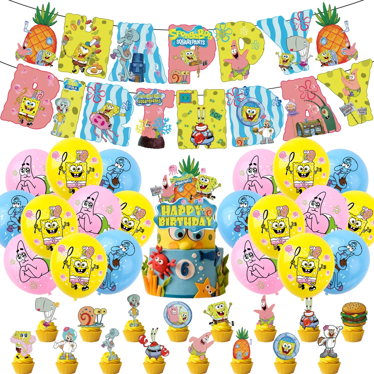 17pcs Cartoon Sponge-bob Cake Topper Set Cake insertion card Birthday Party Cake Decoration Party Decoration Supplies