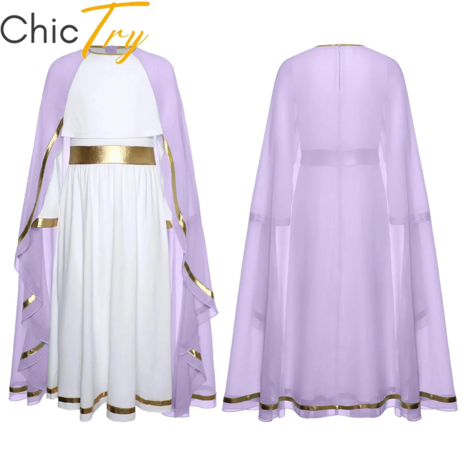 

Kids Girls Virgin Mary Cosplay Costume Halloween Church Dress Patchwork Long Sleeve Ruffled Dress with Cape Carnival Dress Up