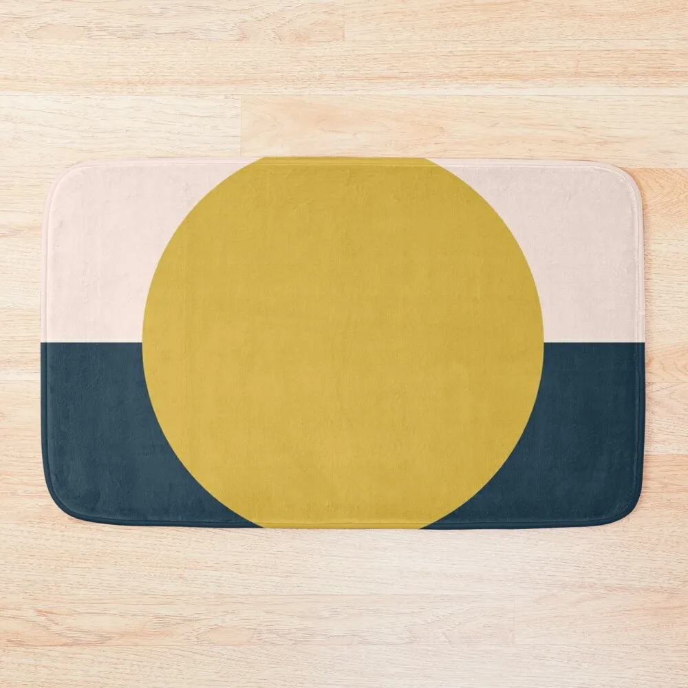 

Sun Dot Half Half. Minimalist Geometric Design in Mustard Yellow, Navy Blue, and Blush Pink Bath Mat For Bathroom And Toilet Mat