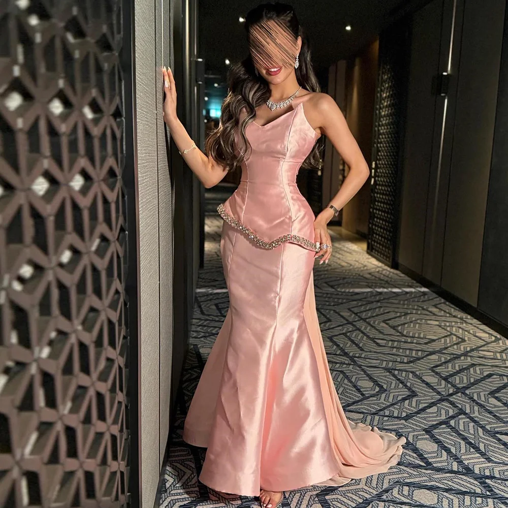 Dubai Luxury Prom Dresses 2025 Satin Mermaid/Trumpet Valentine's Day Dress Rose Pink Sweetheart Rhinestones Tailing Party Dress