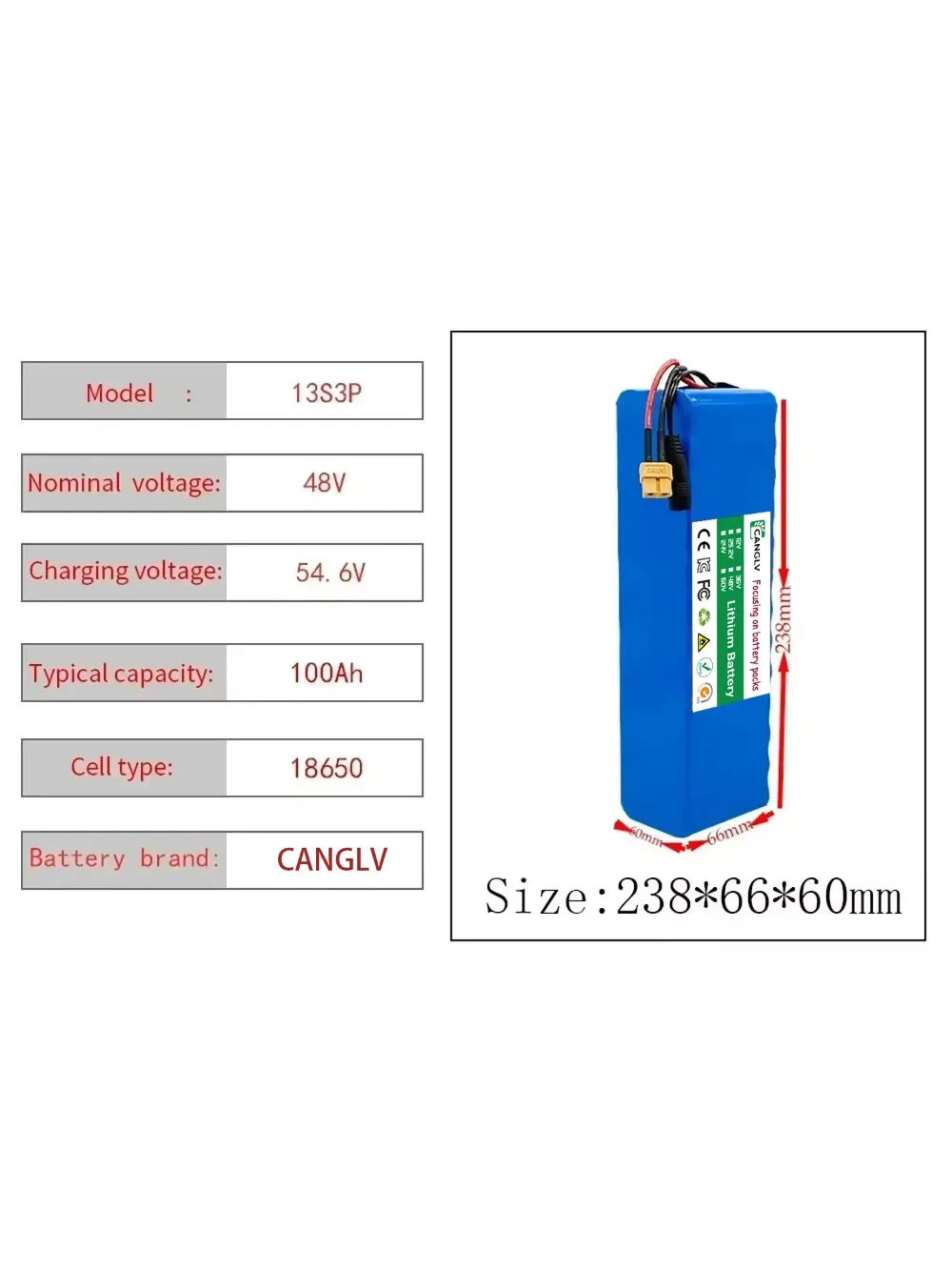 AliExpress CANGLV 13S3P 48V 100Ah High Capacity Lithium-ion Battery Pack - 1000W BMS Rechargeable for 54.6V E-bike Electric Scooter Bicycle