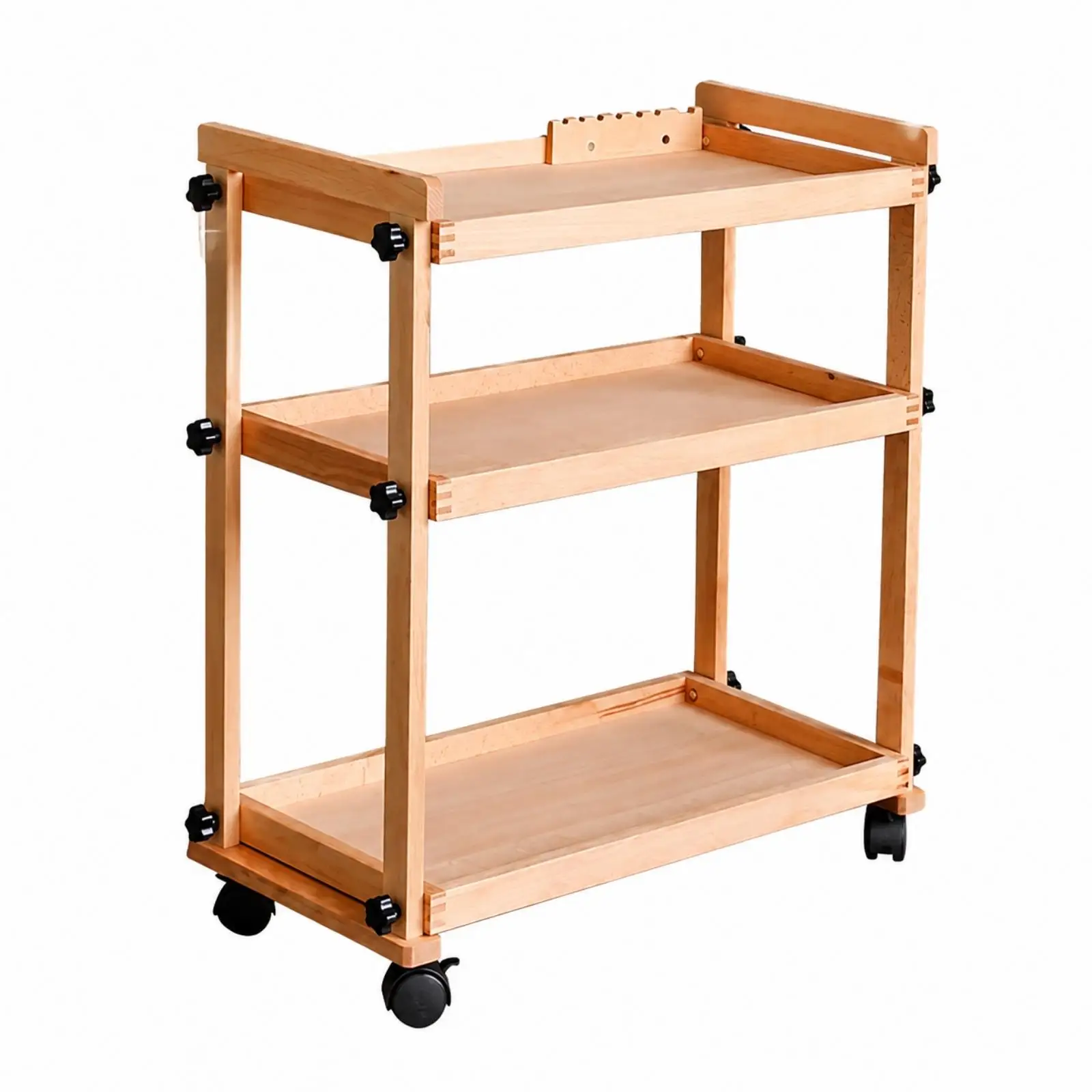Three Tier Beech Wood Art Cart with Adjustable Display Easel Rolling Supply Storage for Creative Spaces Home Studio