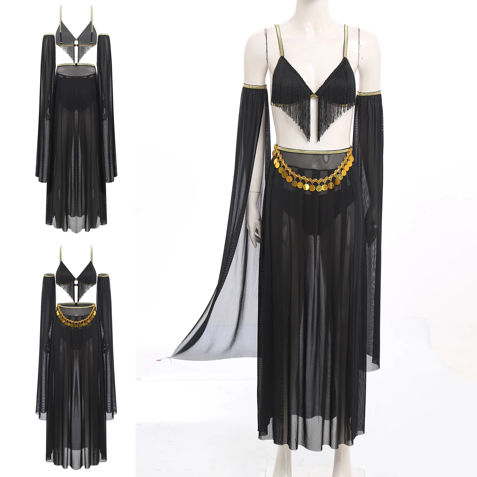 Tenues de danse du ventre pour femmes, haut de soutien-gorge, manches amovibles, culotte, jupe en maille et chaîne de taille à paillettes, vêtements de danse folkloriques indiens Dunhuang