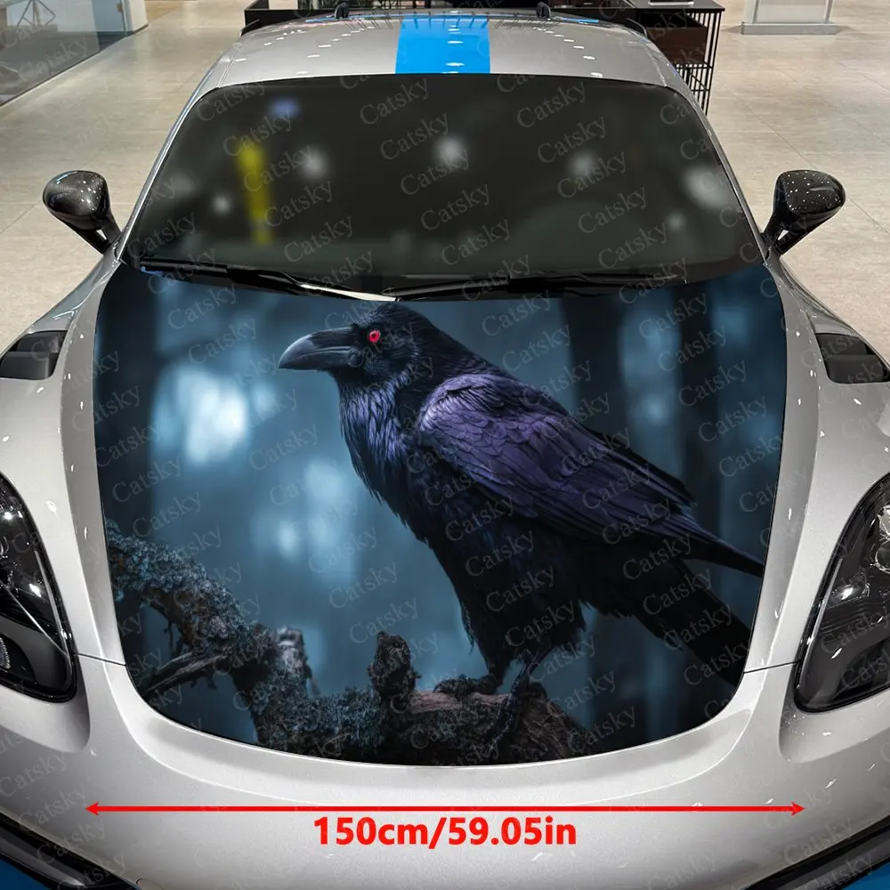 Purple-Feathered Raven in Misty Realm Car Vinyl Wrap, PVC Waterproof Car Hood Sticker, Self-Adhesive Scratch-Resistant Stickers
