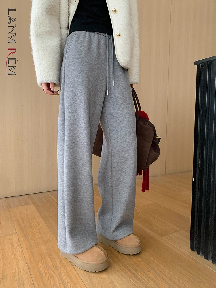 

[LANMREM] Drawstring Elastic High Waist Pants For Women Straight Wide Leg Trousers Thick Warm Clothes 2024 Winter New 26C1486