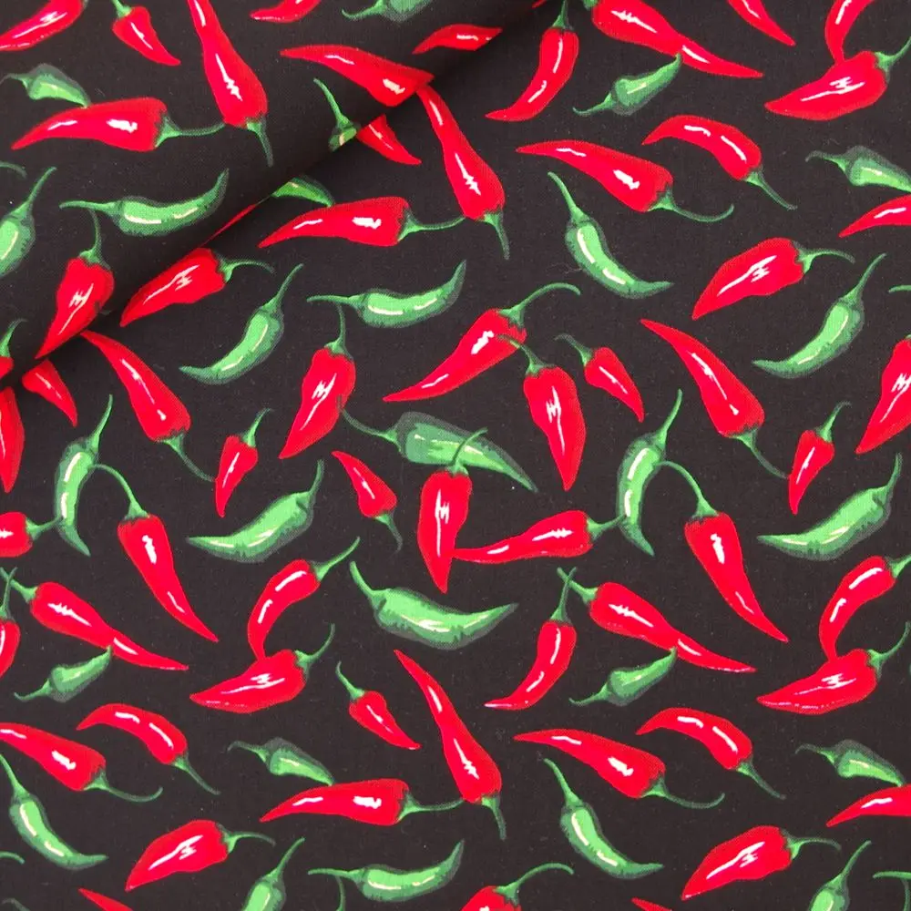 1 Yard Cotton Fabric For Cloth, Bag, Bedding, Chili on black background, Width=108cm