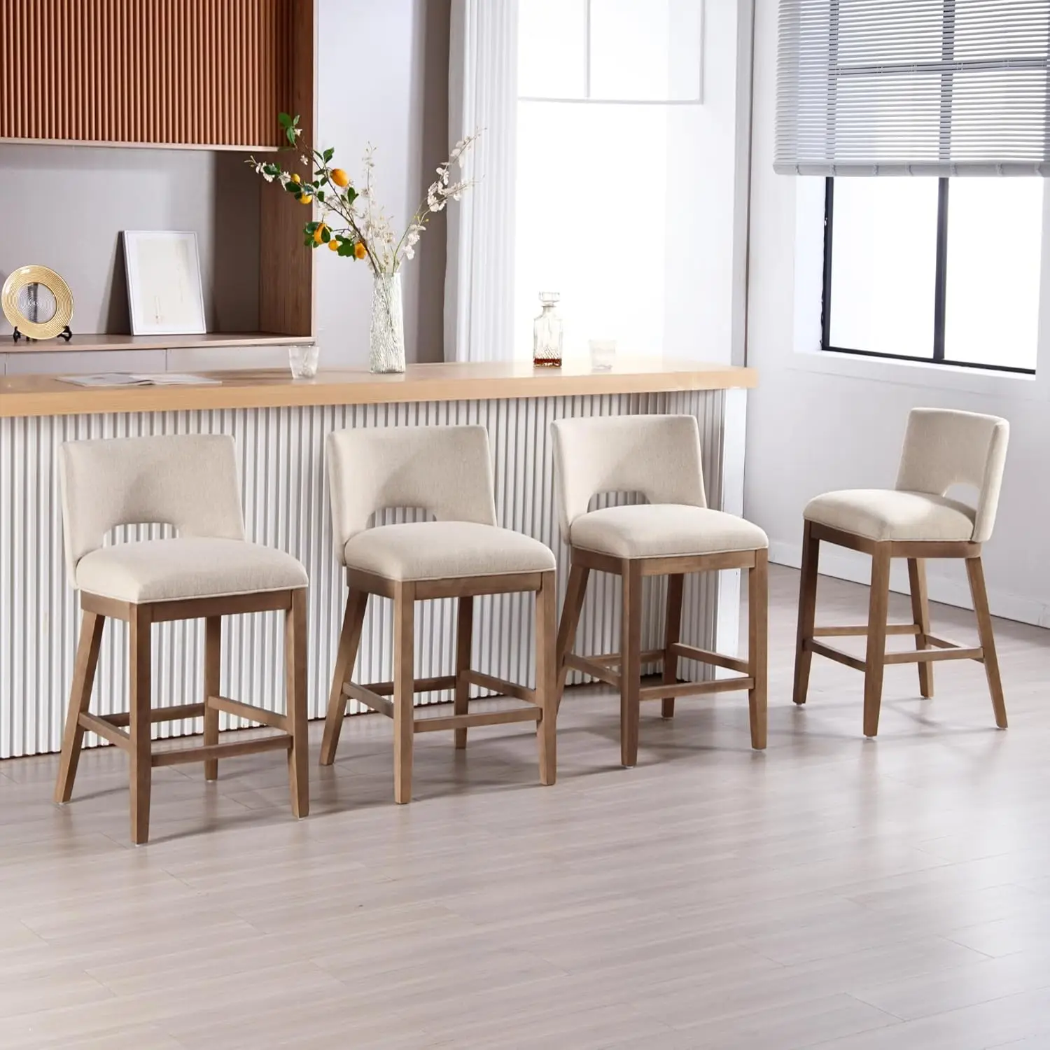 

26in Beige Upholstered Bar Stool Set Wood Back Legs Padded Armless Kitchen Counter Island 4pcs, Customized