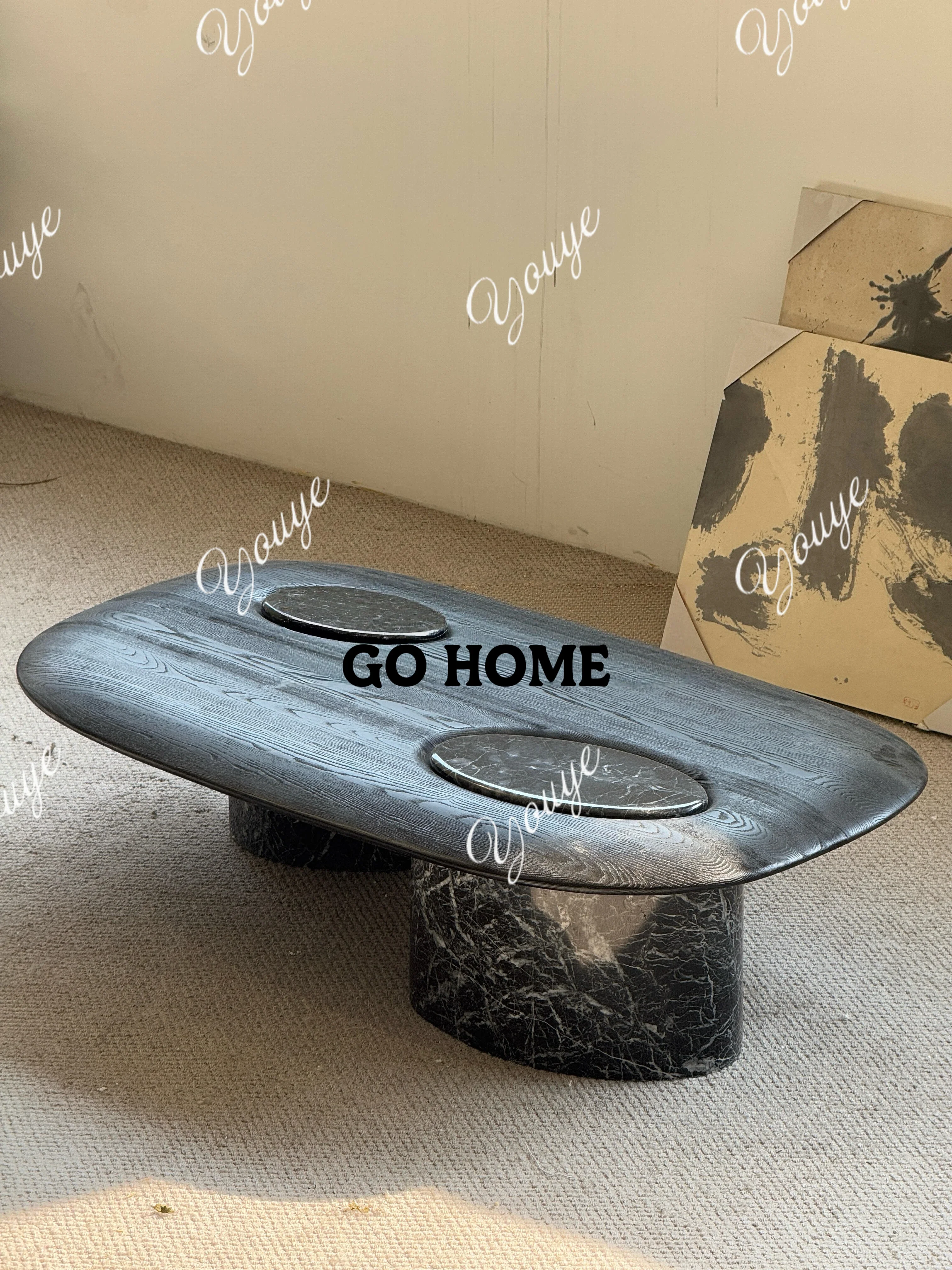 

J Medieval Solid Wood Travertine Coffee Table Villa Light Luxury Coffee Table Large Flat Floor Living Room High-end Coffee Table