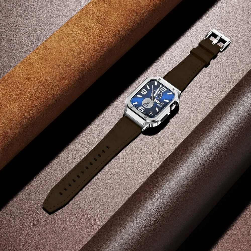 Metal Case+Genuine Leather Strap For Apple Watch Band 44mm 45mm 40mm 41mm 45 mm bracelet iwatch series se 8 7 6 5 4 ultra 49mm