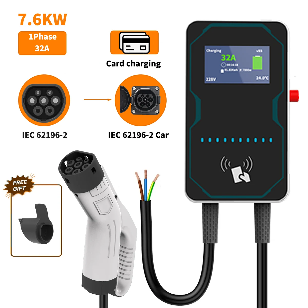 

WUFEN 7KW 32A 1Phase Type 2 ev wall charger EV Charging Station IEC62196-2 Electric Vehicle Car Charger 220V-250V EVSE Wallbox