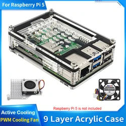 Raspberry Pi 5 carcasa acrílica carcasa protectora de 9 capas ventilador de refrigeración opcional disipadores de calor de cobre/aluminio para Raspberry Pi 5