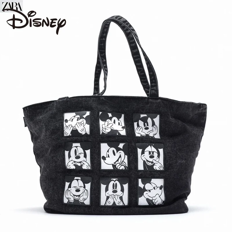 MINISO Disney Women's Bag 2023 Spring and Summer New Disney Mickey Large-capacity Cartoon One-shoulder Shopping Denim Canvas Bag