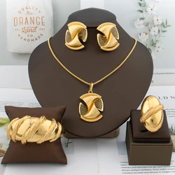 Fashion Gold Plated Jewelry Set for Women Spiral Clip Earrings Necklace with Bracelet Ring Dubai Engagement Bridal Accessories