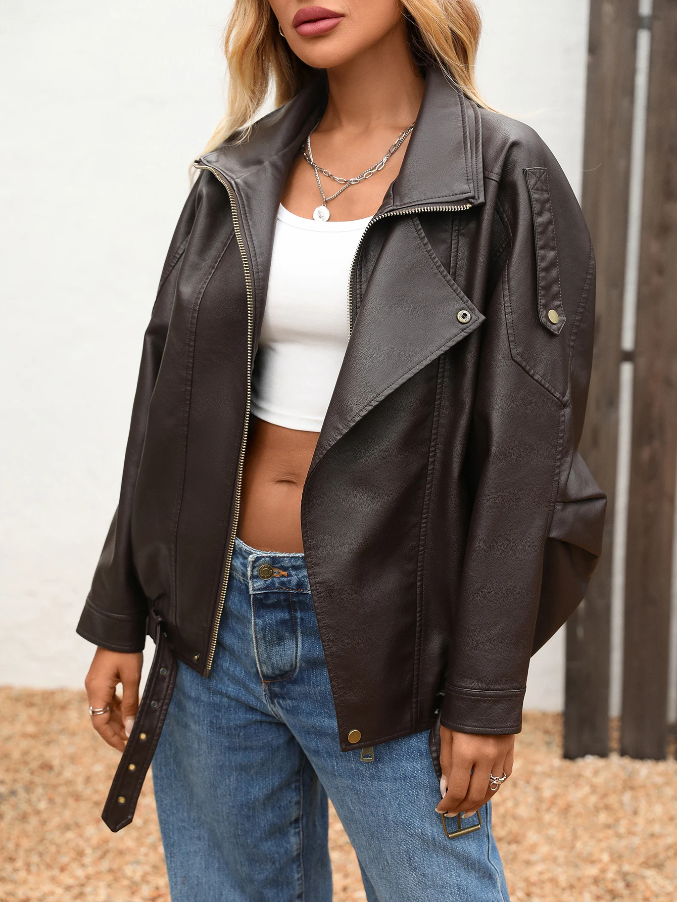 

Женская куртка из искусственной кожи с воротником с лацканами, мотоциклетное короткое пальто на молнии с длинным рукавом, байкерская куртка