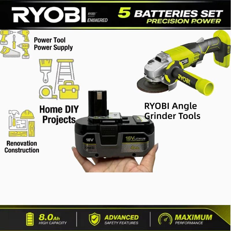 Ryobi Battery18V 8.0Ah P109 High Capacity Li‑ion Battery Fit Ryobi One+ 18V Cordless Power Tools Rechargeable Spare Battery Pack