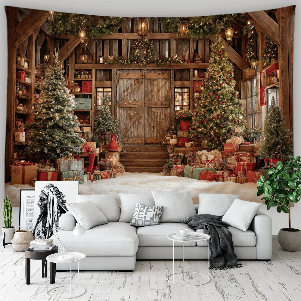 

Christmas tapestry, Christmas tree,Farm, farmhouse Christmas tapestry, family holiday decorations, fireplace Christmas gifts