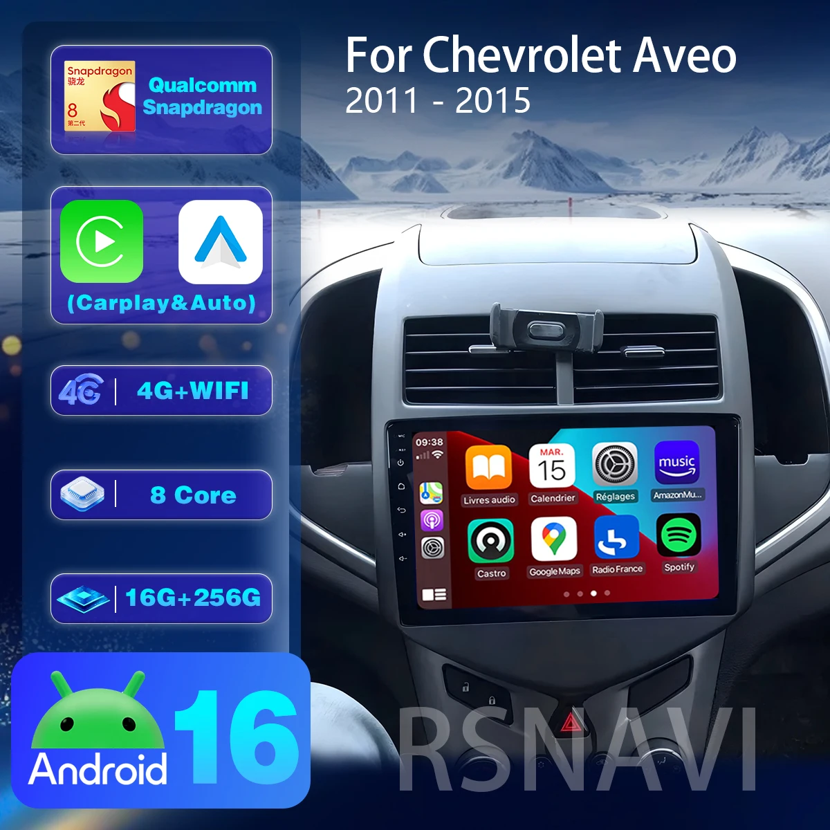 Автомагнитола RSNAVI Android 16 Carplay Auto с 2K экраном, видеоплеер для Chevrolet AVEO Sonic 2011-2013, Snapdragon, WiFi+4G