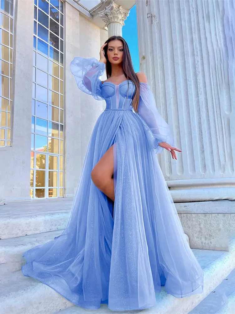 Shiny Off Shoulder Blue Prom Dress Long Puff Sleeves Lace Up Back Sexy Side Split Formal Wedding Party Evening Gown Vestido