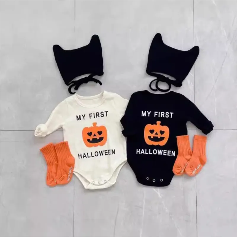 Newborn Baby Boy Girl Cotton Halloween Pumpkin Printed Romper+Hat+Socks Infant Festival Jumpsuit Suit Autumn Party Clothes 3-18M