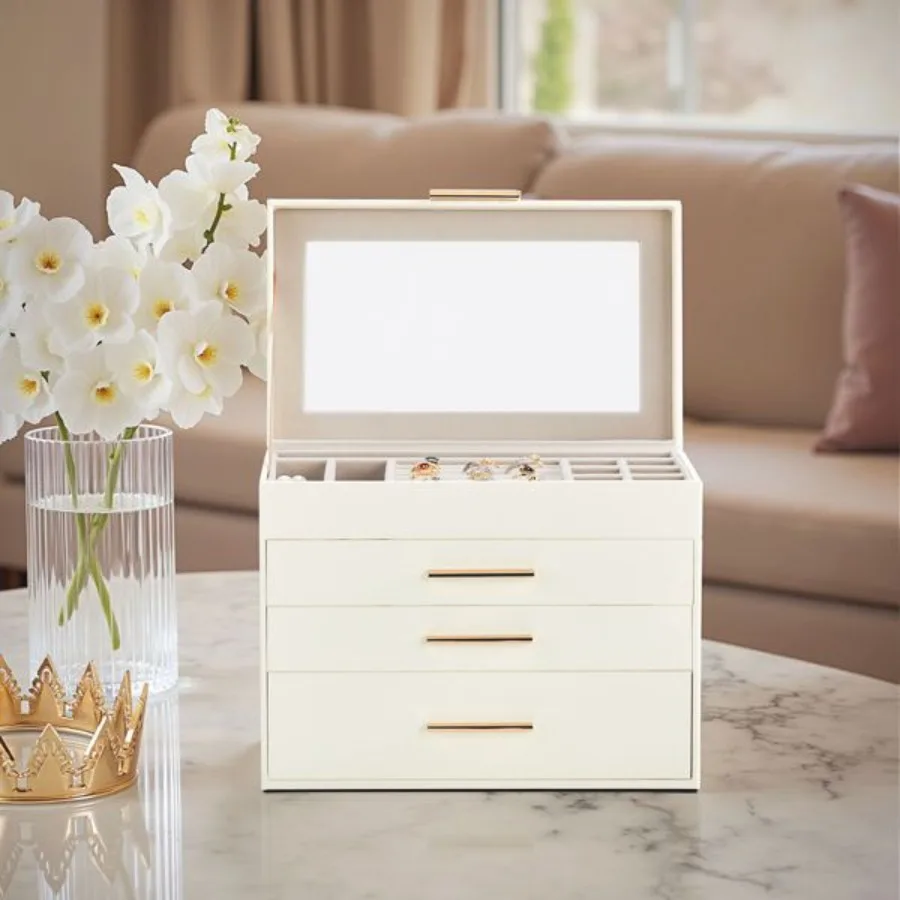 

Шкатулка для драгоценностей Deluxe с 2 ящиками и прозрачным корпусом для хранения белого и розового бархата с видом сверху