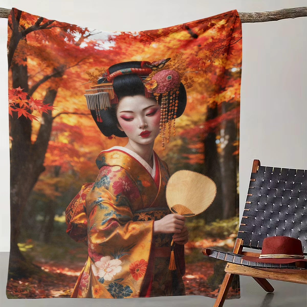 

1 Piece of Japanese-style Autumn Autumn Leaves Geisha Retro Home Blanket Suitable for Sofa Bed Travel and Office