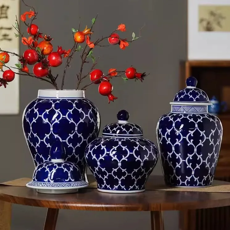 Blue background blue and white porcelain vase flower ware, living room entrance wine cabinet,