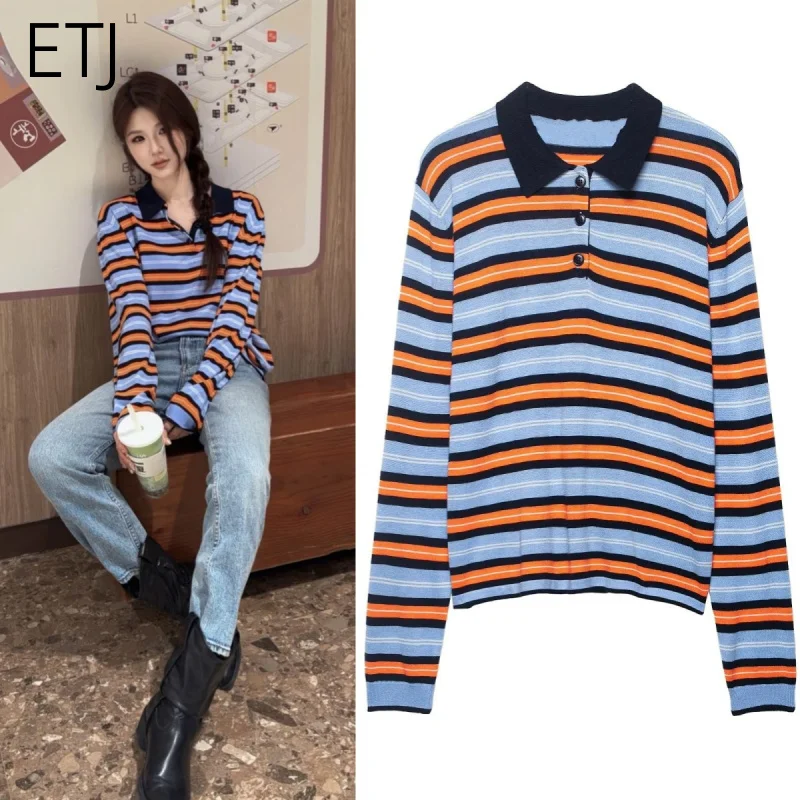 

Женский полосатый вязаный свитер ETJ с длинным рукавом и воротником-поло, повседневный пуловер, весна 2026, оверсайз, свободный крой