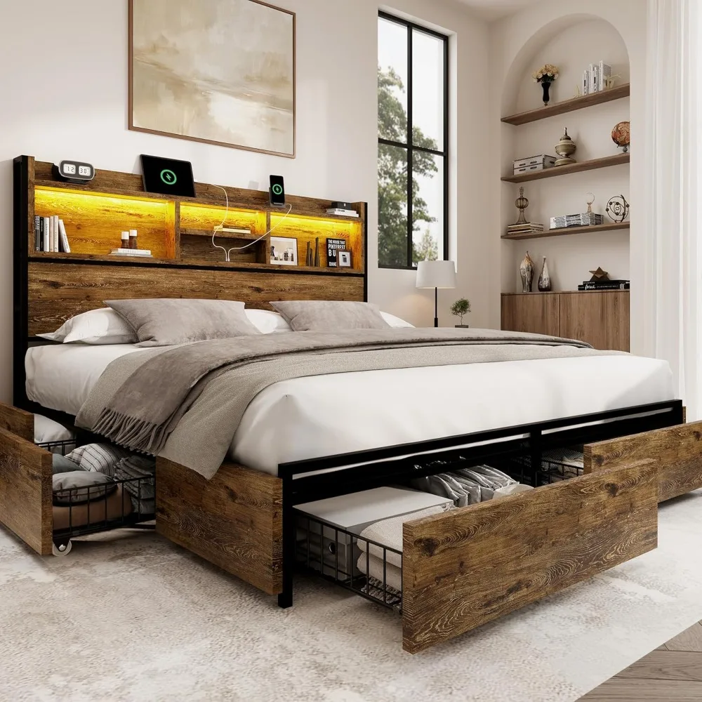 King Storage BED Frame with 6 Drawers, USB Charging Station, No Noise, No Box