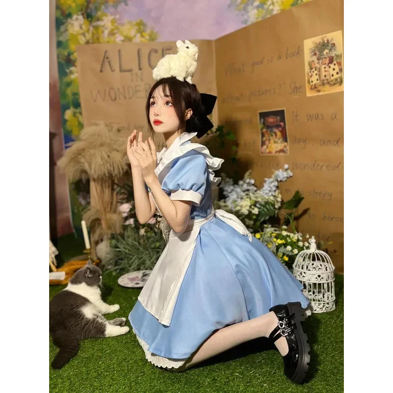 Lolita op menina azul festa feminina manga curta vestido de empregada conjunto halloween cosplay trajex,5;d'2.y;8'