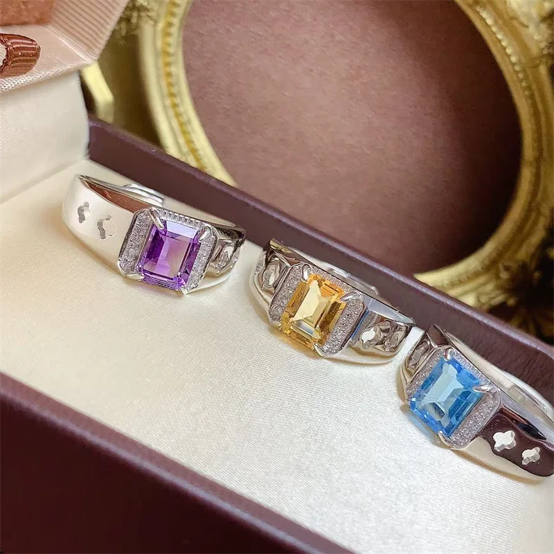 

Natural Amethyst Ctrine Topaz Ring for Men Women Unisex Ring 925 Silver Male Wedding with Certificate