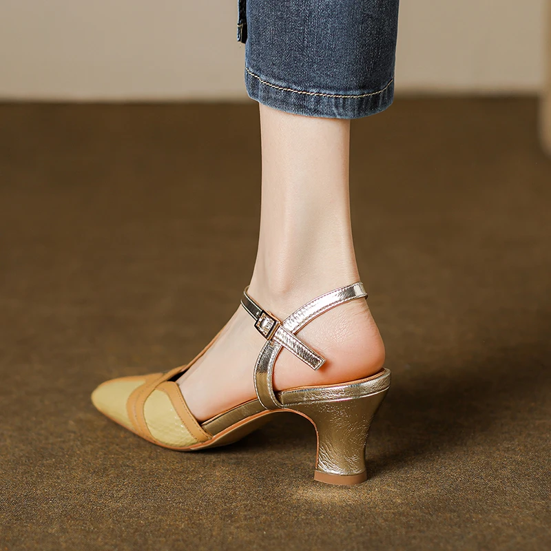 Summer Sandals  Cowhide Elegant Closed Toe Shoes Female Retro T Strap Spring Vintage Pumps On Heel 6CM French Style Women Shoes