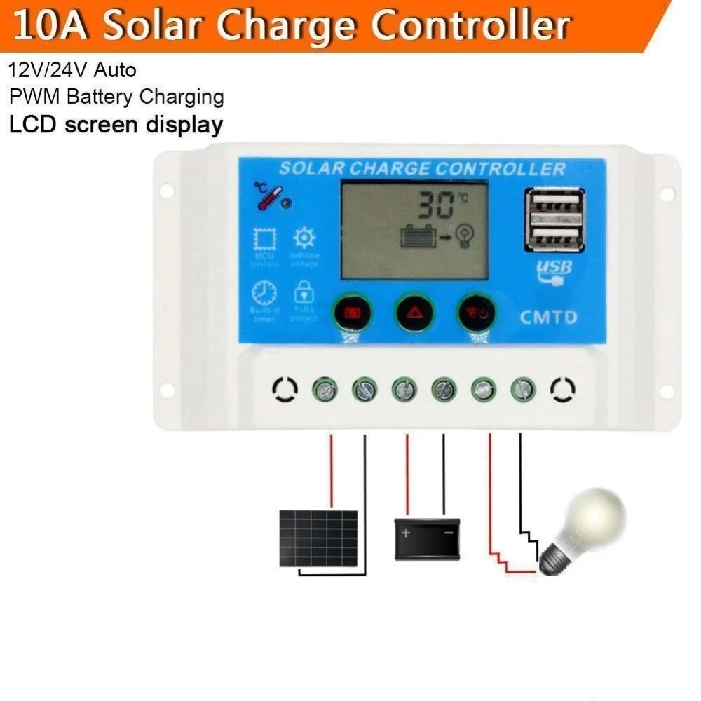 1PCS 10A PWM LCD Solar Panel Charge Controller 12V/24V AUTO With Dual USB 5V