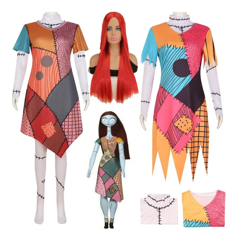 Sally Skelington Cosplay Costume pour femme, la nuit avant Noël, perruque de cheveux, horreur effrayant, Halloween, carnaval, fête, robe de paupières