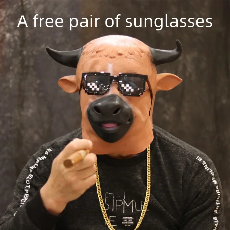 Máscara de toro peludo para hombres, Cosplay Rave, capucha de máscara de látex, accesorios de Halloween, cubierta de cabeza completa de animal de terror