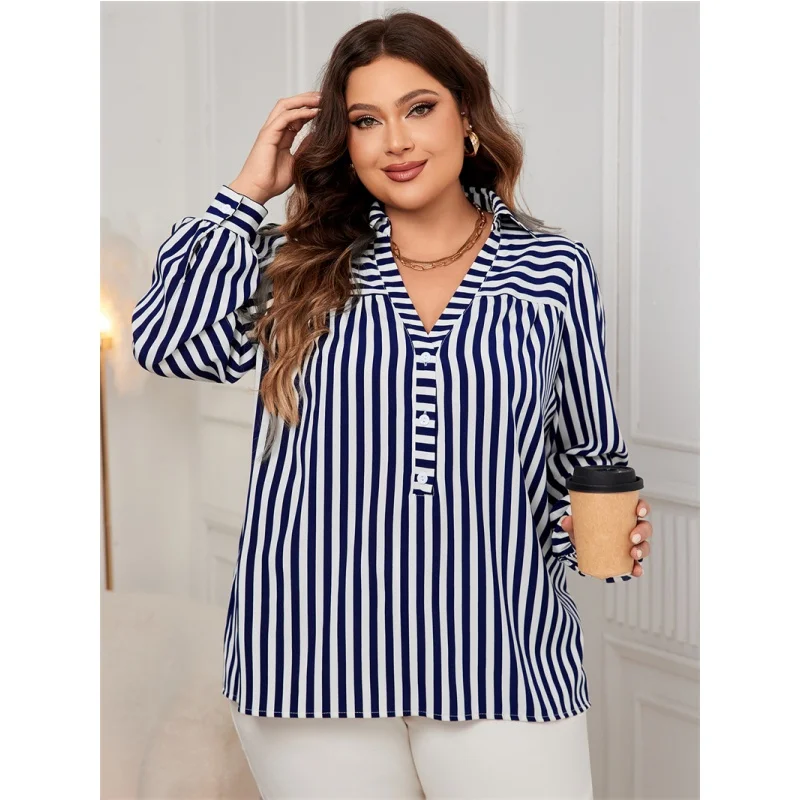 Lässige gestreifte IRT-Bluse für Damen in Übergröße, Faion-Bluse, Damen-Oberteile, großes Polka-Dot-Muster, Polyester, langer S3-Kragen