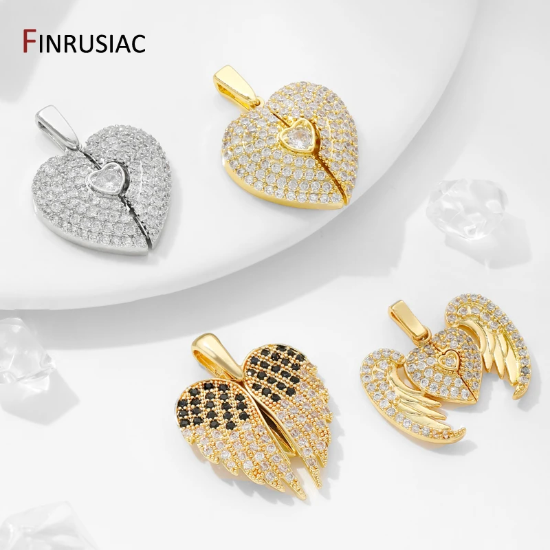 Ciondolo con ciondolo a forma di cuore in ottone placcato oro 18 carati per la creazione di gioielli fai da te, accessori per collane fai da te con ciondolo ad ala in zircone intarsiato