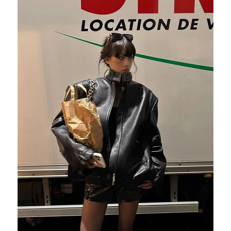 

Shpmishal 2025 Temperament Black Stand Up Collar Leather Jacket Women's Winter Versatile Cotton PU Coat Female Clothing