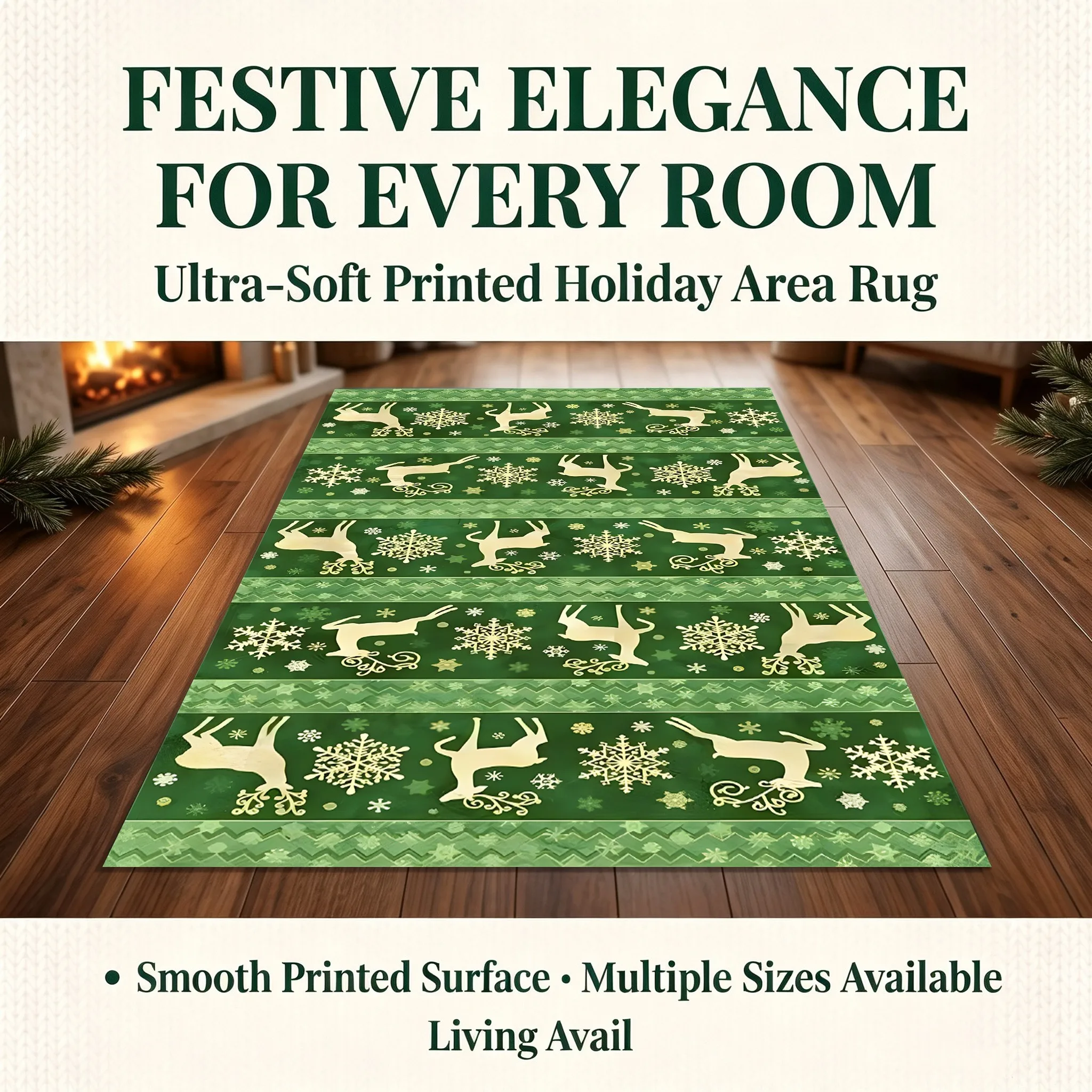 Reindeer Snowflake Green Striped Vintage Christmas Velvet Rug, Suitable for Living Room, Entryway, and Bedroom, Creating a Warm and Inviting Atmosphere for Autumn and Winter