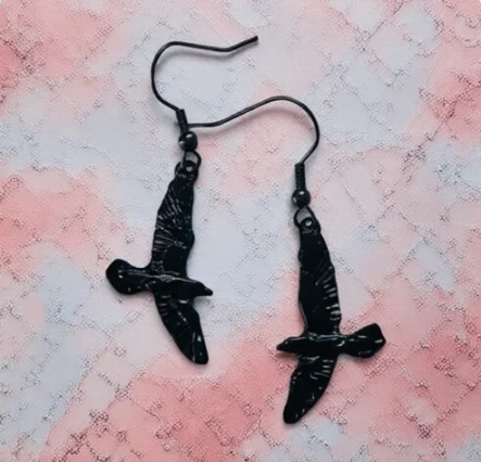 Gothic Flying Black Raven Earring Tiny Crow Bird Skull Punk Oddities Wicca Occult Goth Jewelry