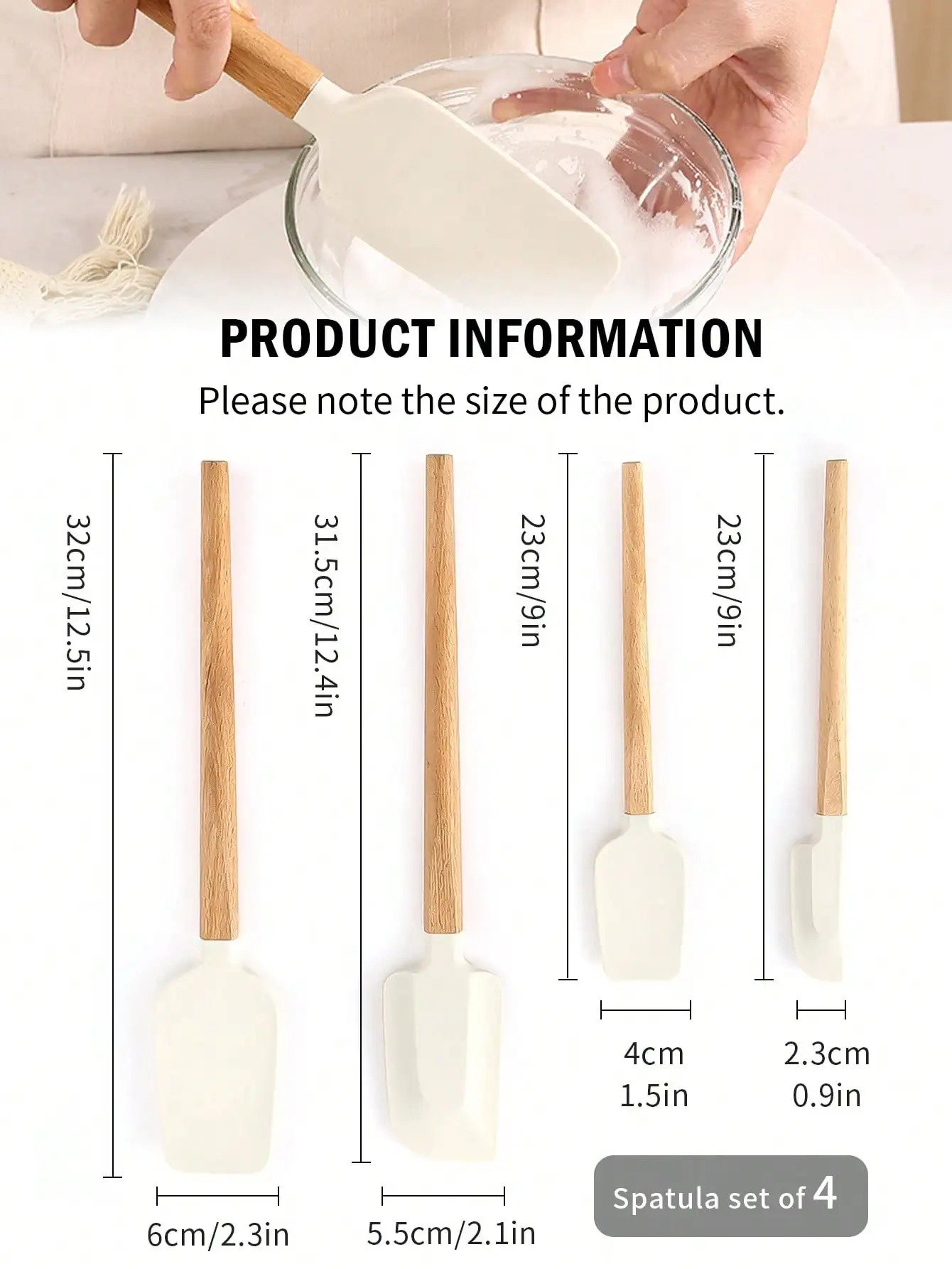 Leeseph 4Pack Scraper Spatula Set Food Grade Silicone Baking Spatulas Heat Resistant Kitchen Cooking Utensils Wood Handle